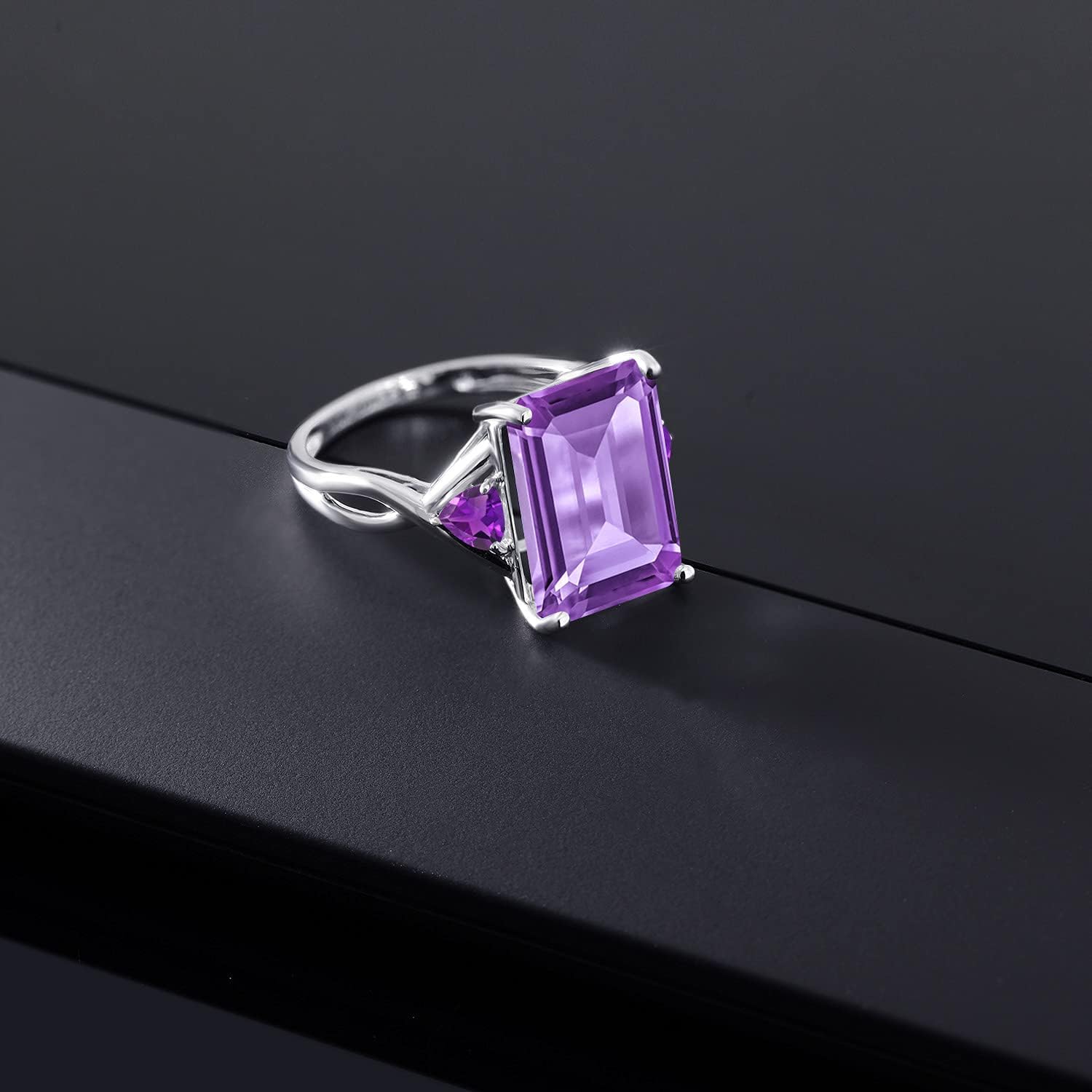 Gem Stone King 10K White Gold Purple Amethyst 3 Stone Engagement Ring For Women (6.67 Cttw, Emerald Cut 14X10MM, Trillion 4MM)