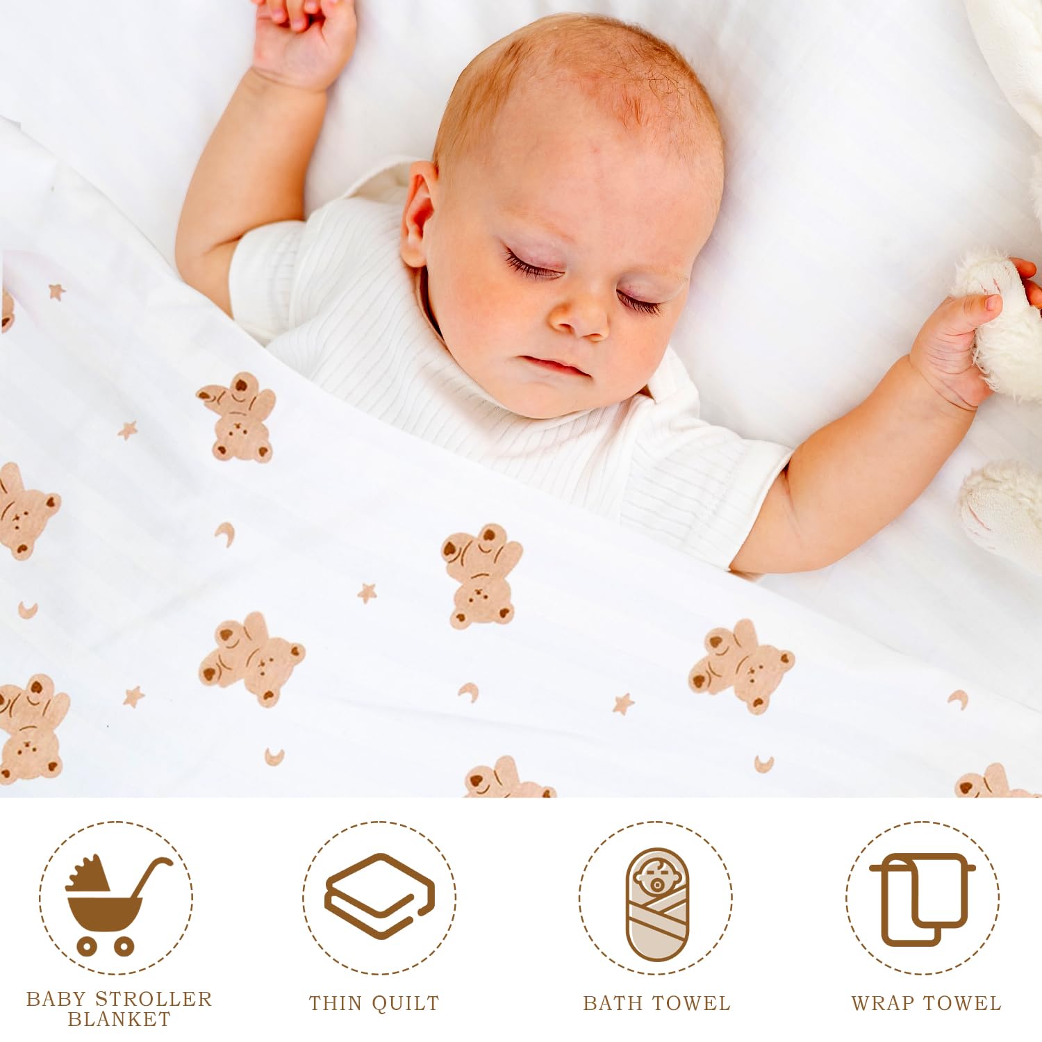 RUGBOL 85×85cm Baby Blanket, Swaddle Blankets Burp Cloths Cotton Soft Newborn Gifts for Pram/Trave/Shower (Bear) - Image 3