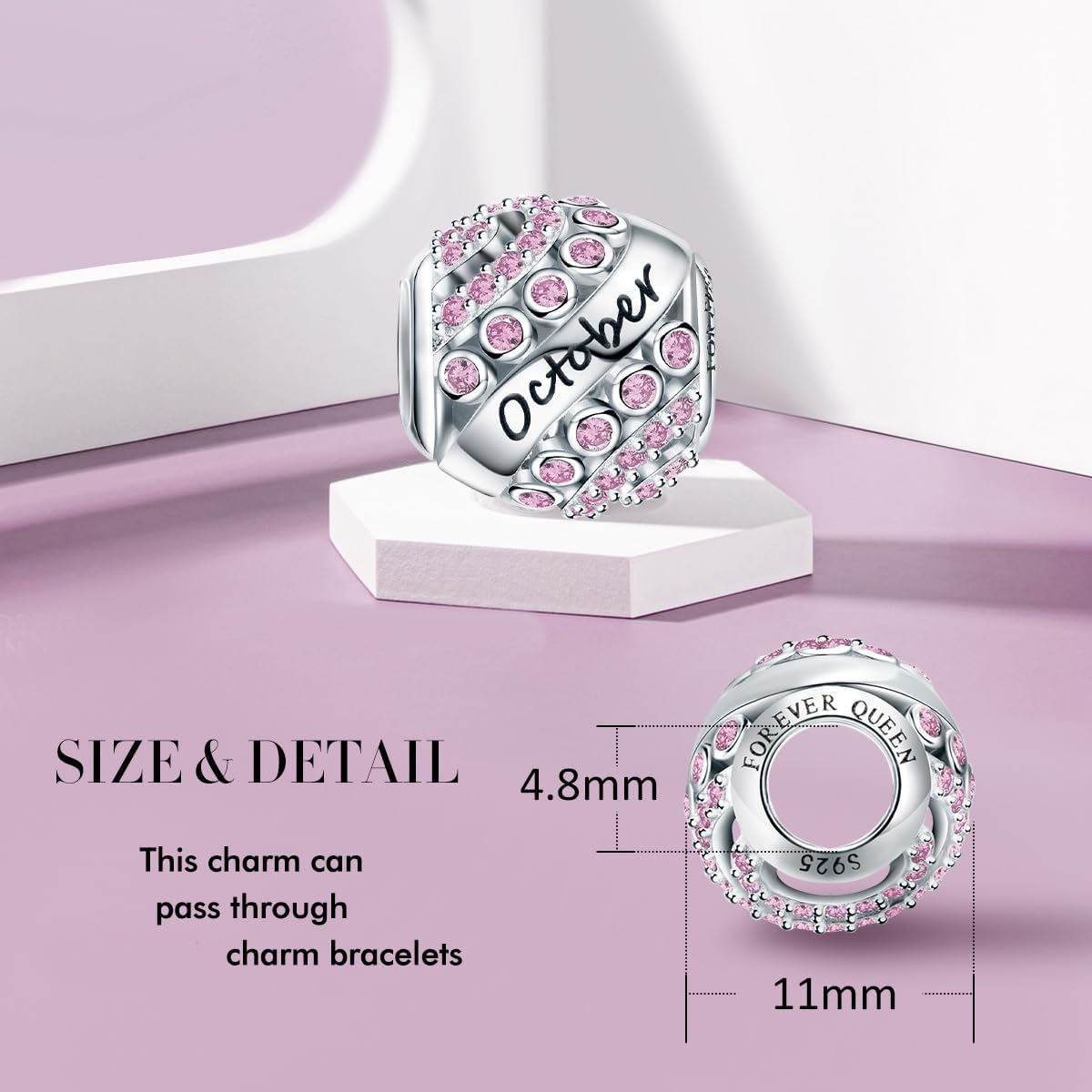 FOREVER QUEEN Birthstone Charm for Bracelet - 925 Sterling Silver Bead Openwork, Happy Birthday Charm for Necklace - Valentine's Day Mother's Day Gift - Image 2