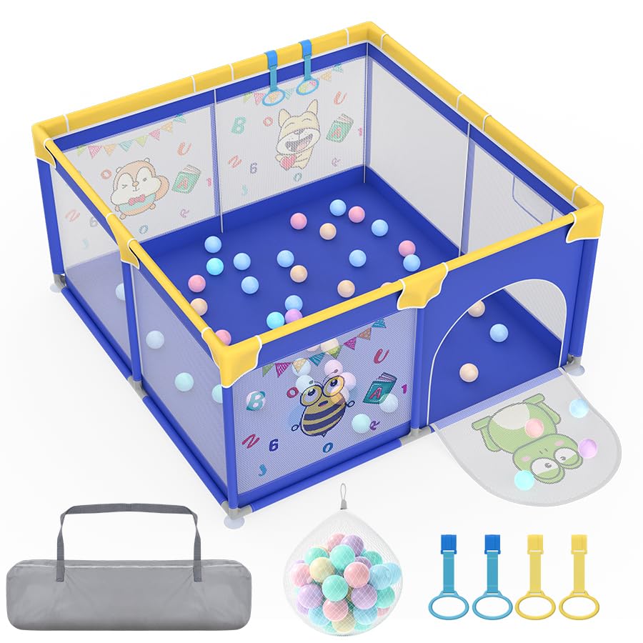 Aufun Laufstall Baby Laufgitter 300D Oxford Gewebe, mit Anti-Kollision Schaum Absperrgitter, Atmungsaktivem Netz, Reißverschluss (Blau, 127x127x68cm)