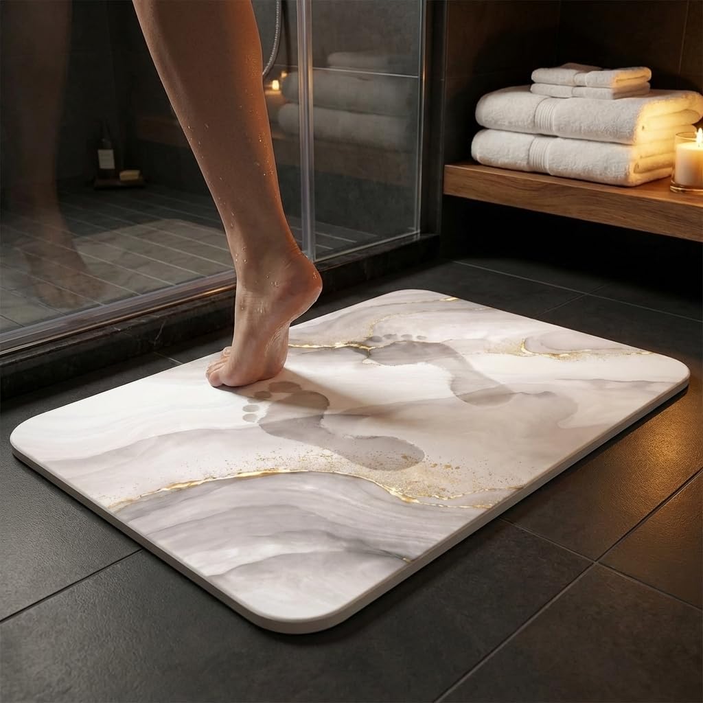 Tappeto diatomite bagno (60 x 40 cm) - Pietra assorbente ad asciugatura istantanea, antibatterico e antiscivolo, per doccia e cucina, effetto marmo avorio