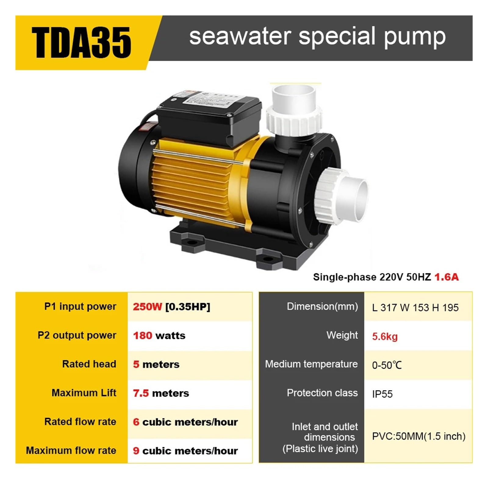 Industrial Water Pressure Diaphragm Pump High Flow Sea Water Circulation Pump Suitable For Seafood Pool Fish Tank And Fish Pond(TDA-35)