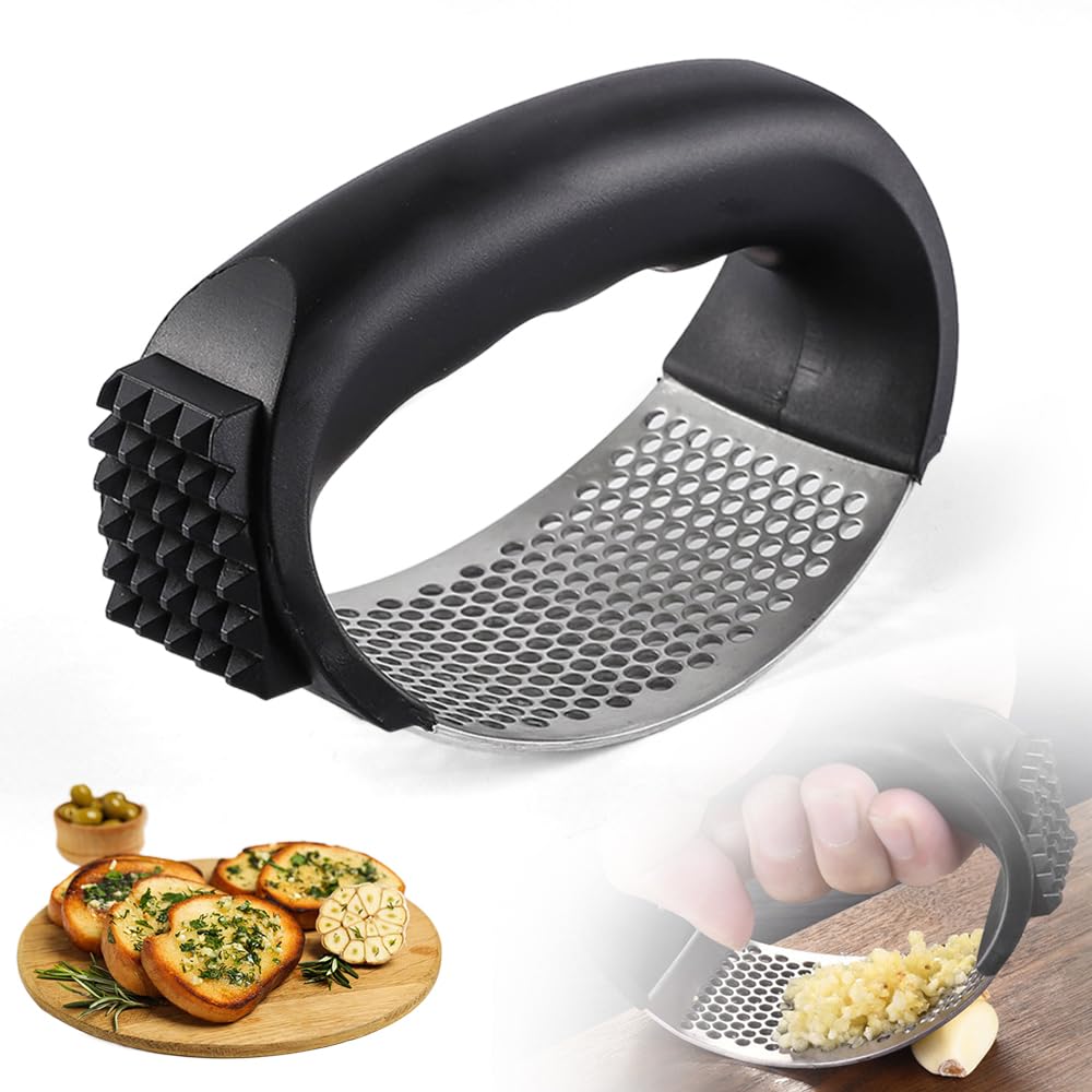 Garlic Press Rocker,Garlic Mincer,Stainless Steel Garlic Peeler Crusher,Garlic Chopper,Garlic Press Masher with Garlic Peeling Drum,Kitchen Gadgets Utensils (A-Black)