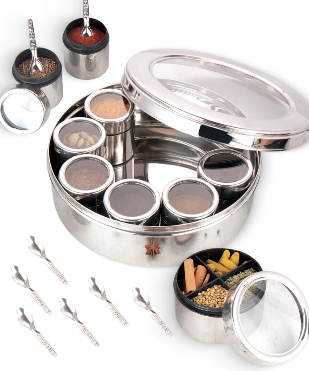 Mishaa Elegant Stainless Steel Masala box for Kitchen, Spices Storage Container, Spice box, Masala Dabba, Durable Spice Jars & Container set (12IN1-BIG-SIZE-14) (B0CPDV2CX9) Amazon Price History, Amazon Price Tracker