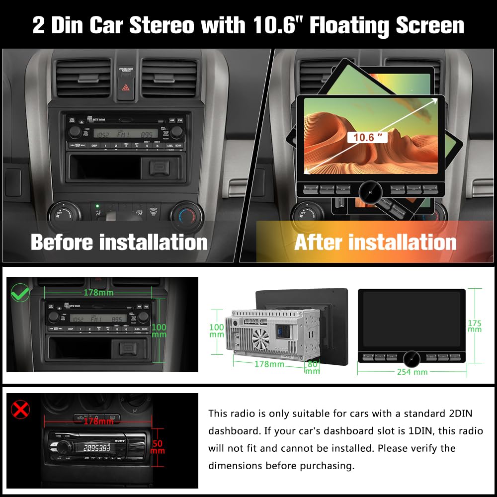 Pyniro Android 13 8-Core 4GB+64GB Double Din Car Stereo, 10.6 Inch Detachable Floating Touchscreen Car Radio with Wireless Carplay & Android Auto/Mirror Link/WiFi/4G/FM/USB, Support SWC/Backup Camera