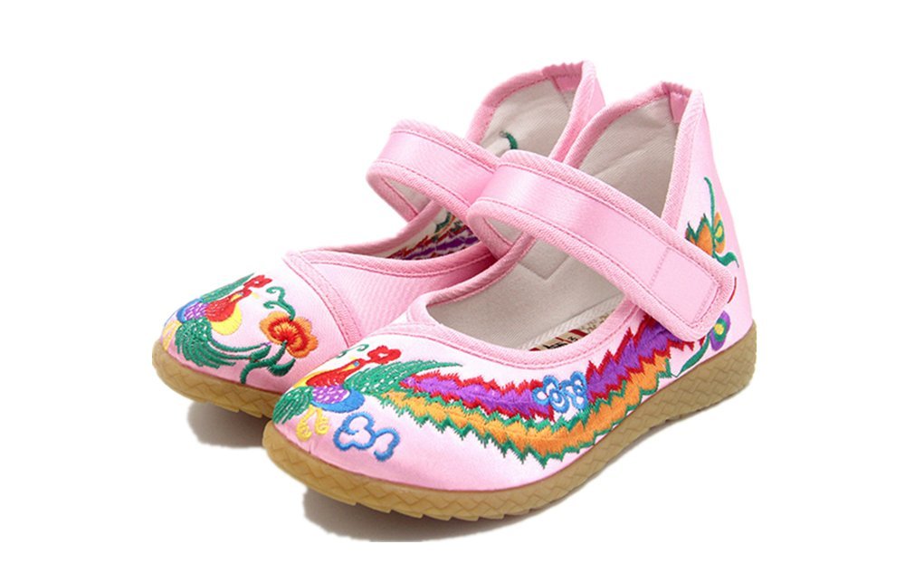 Tianrui Crown Children Girl's Phoenix Embroidery Mary-Jane Shoes Kid's Cute Flat Cheongsam Shoe Pink