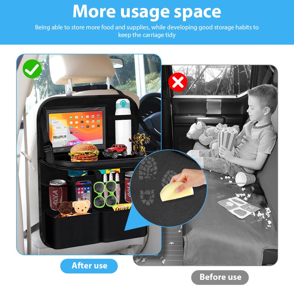 Yuragim Organizer per auto con tavolo, 2 pezzi, organizer per sedile auto, grande protezione per lo schienale dell'auto, impermeabile, organizer per bambini con tavolo pieghevole, tablet, telefono