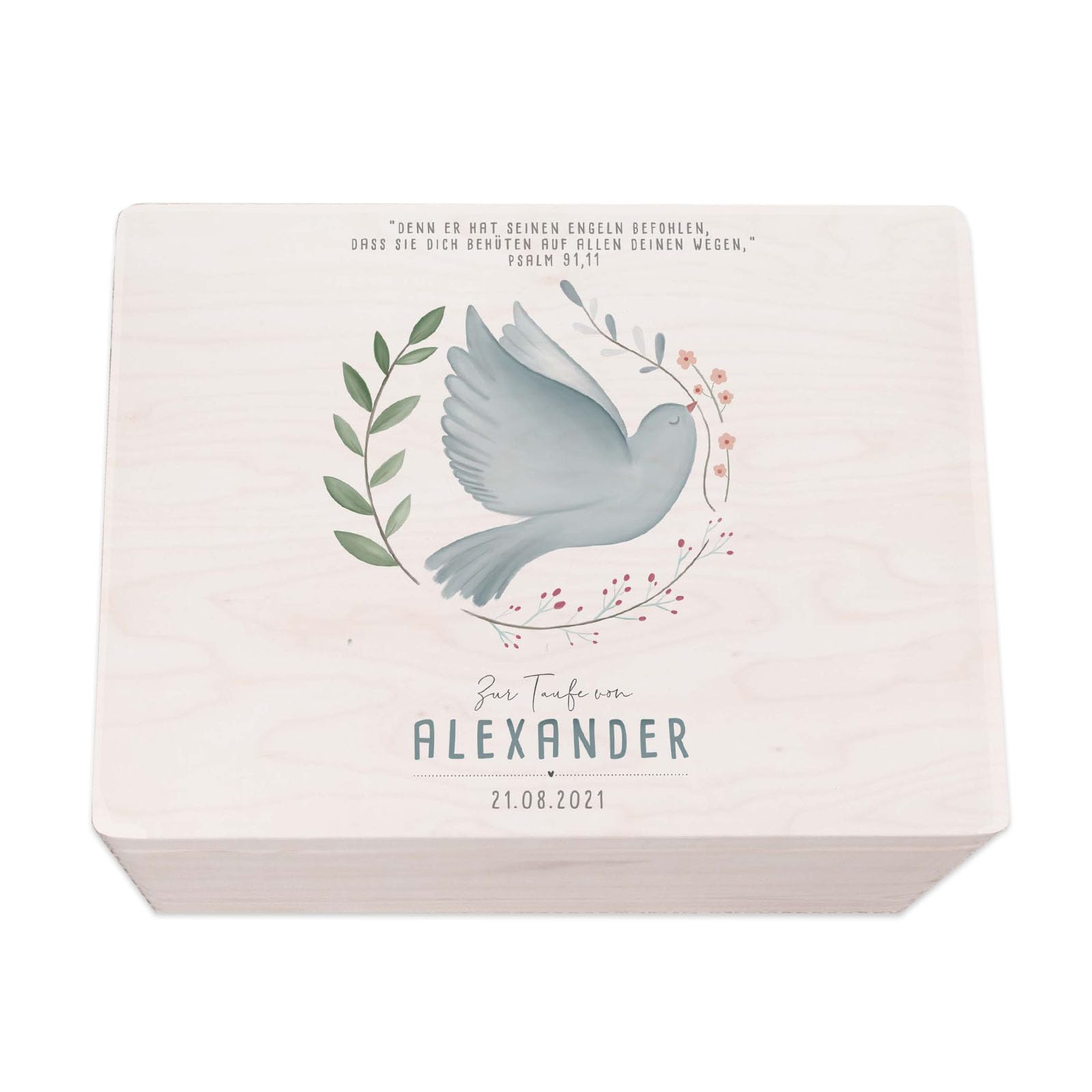 hellomini Taufgeschenke - Personalisierte Erinnerungsbox Taufe aus Holz - Taufgeschenke für Mädchen - Taufgeschenke Jungen - Taufe Geschenk (Taube/Kranz Druck, XL: 60x40x23cm)