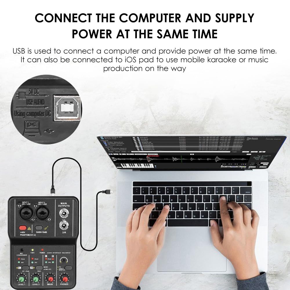 Interfaz de audio, tarjeta de sonido de grabación profesional, 16 bits/48 kHz, tarjeta de sonido mini USB de 2 entradas y 2 salidas con cable USB B de alimentación fantasma de 48 V, equipo de