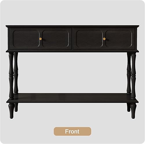 Miniatura 6 de ARTPOWER Mesa consola Mid-Century para entrada con 2 cajones, mesa de entrada retro negra con armarios de almacenamiento y estante abierto, mesa de