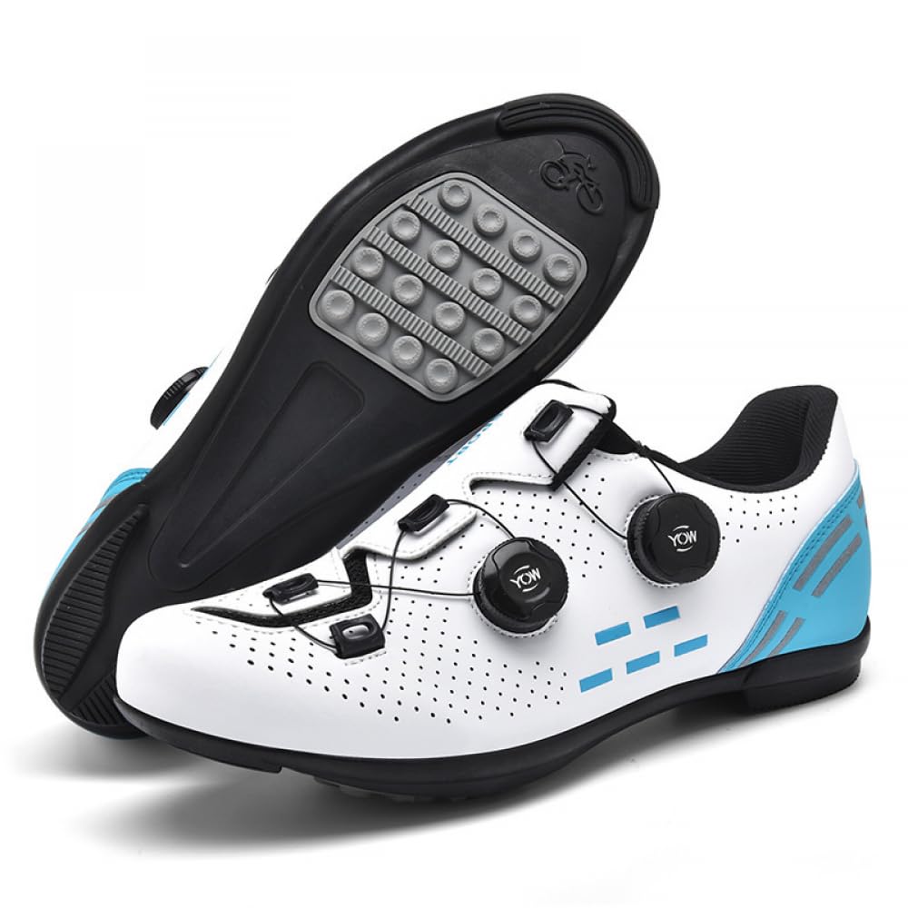Buty rowerowe dla mężczyzn i kobiet, oddychające gumowe dno, buty rowerowe, antypoślizgowe trampki do roweru szosowego, płaskie pedały, spinningowe, do użytku wewnątrz i na zewnątrz, Biały niebieski 2