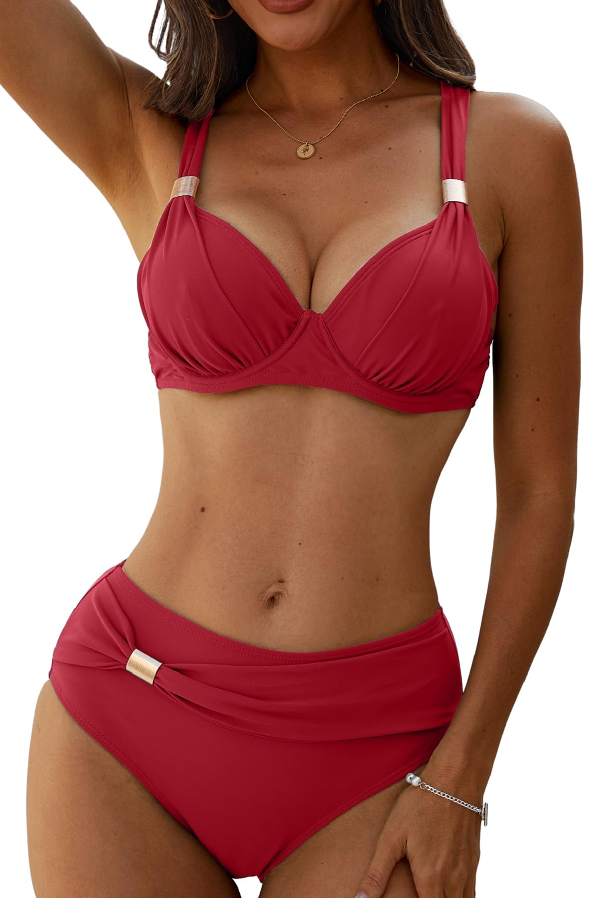 Yutdeng Bañador Dos Piezas Mujer Braga Alta Bikini Push Up con Aros Bikinis Reductor Barriga Talle Alto Vientre Plano con Pliegue Traje De Baño Mujer 2 Piezas Ropa de Baño Biquini