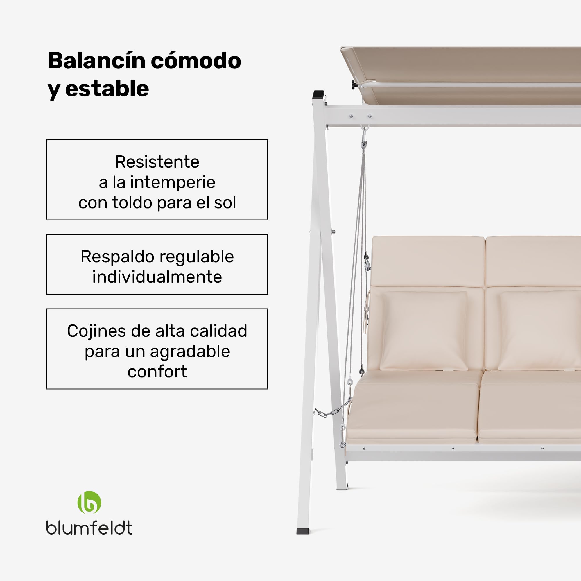 blumfeldt FlexiSwing Balancín Jardín Exterior – 3 Plazas, Respaldo y Toldo Ajustables, 240 kg de Capacidad, Estructura de Acero Resistente, Cojines Gruesos, Balancín para Jardín Exterior