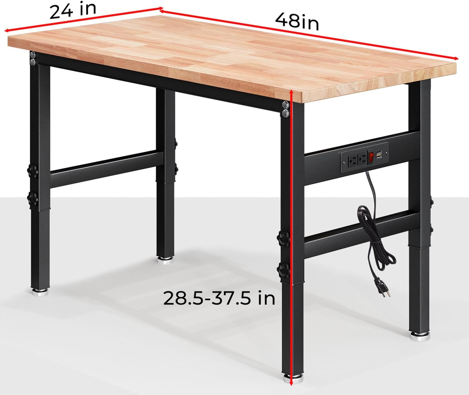 48" Work Bench for Garage, Height Adjustable Heavy Duty Rubber Wood Shop Table with Power Outlets