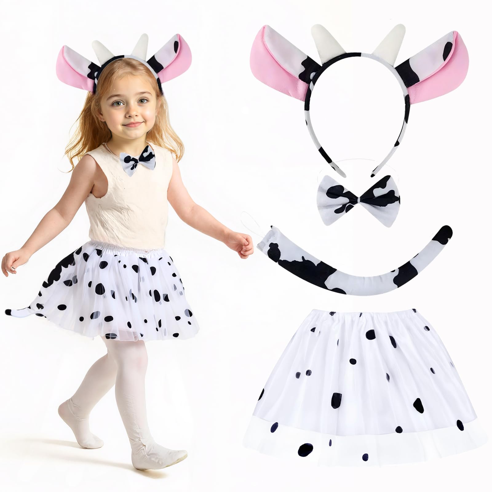 Gibocot 4PCS Kids Cow Costume Set with Ears Headband, Tutu Dress, Bowtie & Tail, Girls Cow Outfit Animal Fancy Dress for Girls 3-10 Years Halloween Nativity Play World Book Day Cosplay
