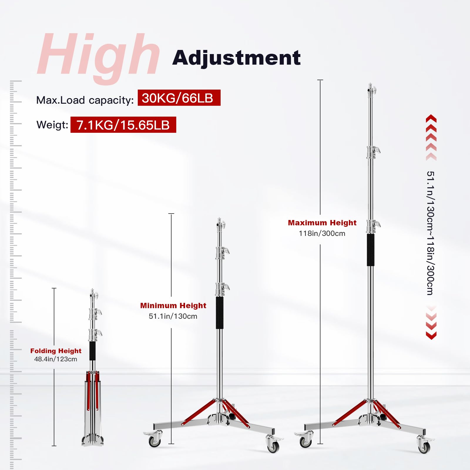 Soonpho WS-300 Pro Light Stand 100% Acciaio Inox Stativo per Luci C con Ruote e Braccio,Stativo a C Pesante in Metallo Altezza massima 300 cm (9,84 piedi) per Riflettori,Monoluci