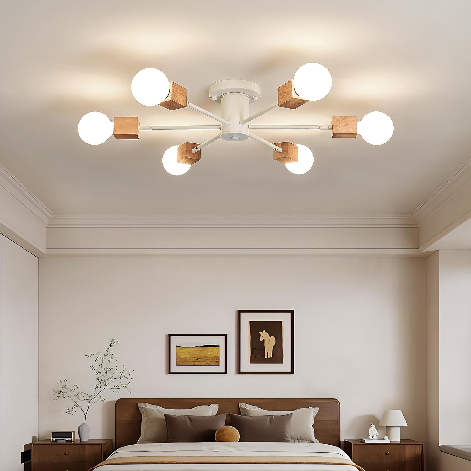 Boho 6-Light Sputnik Chandelier Semi Flush Mount Ceiling Light Fixture Farmhouse Wood and White Ceiling Lamp for Dining Room Living Room Bedroom Kitchen