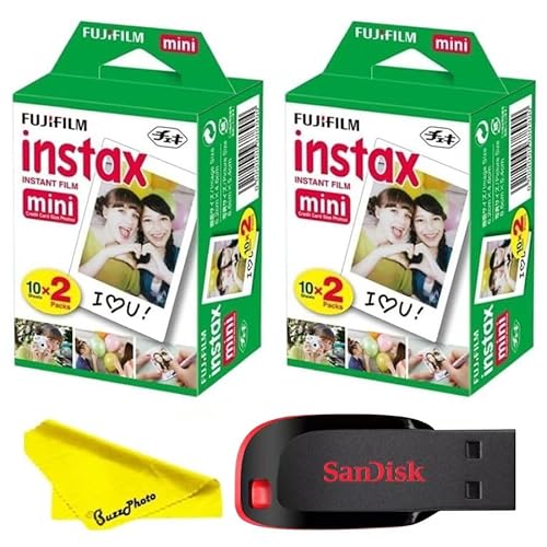 Fujifilm Instax Mini Instant Camera Film with Sandisk 32 GB USB Flash Drive + 2 x Mini Twin Packs (40 Sheets) and Buzz-Photo Microfiber Cleaning Cloth...