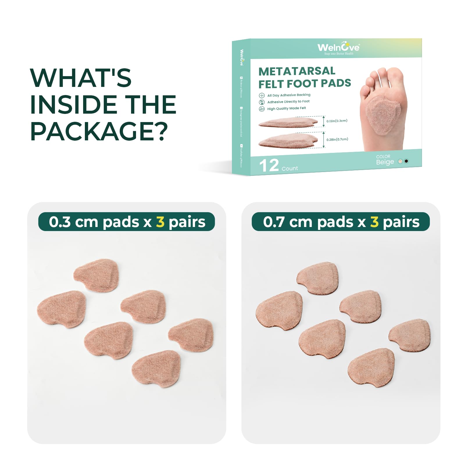 Almohadillas de fieltro metatarsiano para aliviar el dolor, almohadillas suaves para juanetes y apoyo para la neuralgia de Morton, fascitis plantar y estar de pie durante mucho tiempo (6 pares)