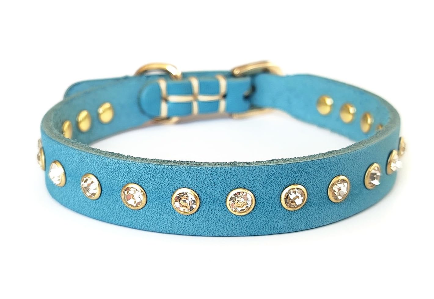 YUDOTE Genuine Blue Leather Dog Collar with Bling Rhinestones, Stylish Puppy Collars for Small Dogs