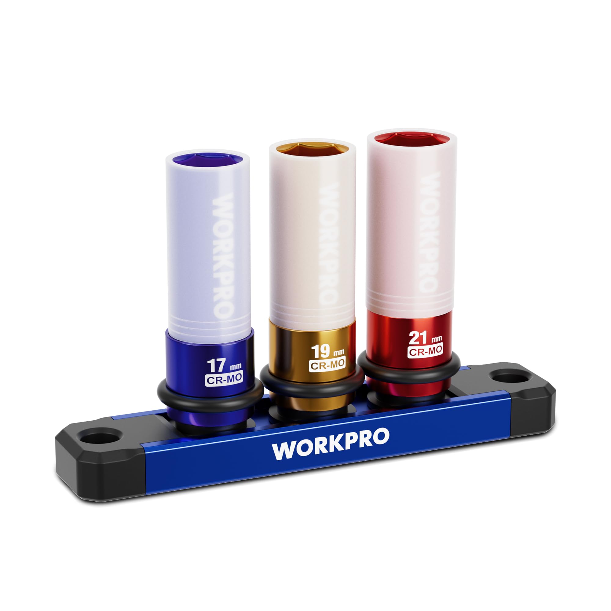 WORKPRO 1/2" Drive Lug Nut Impact Duty Socket Set, 3 Pieces 17-19-21mm Deep Thin Wall Socket Set, Made of Premium Cr-Mo Steel, Non-Marring Lug Nut