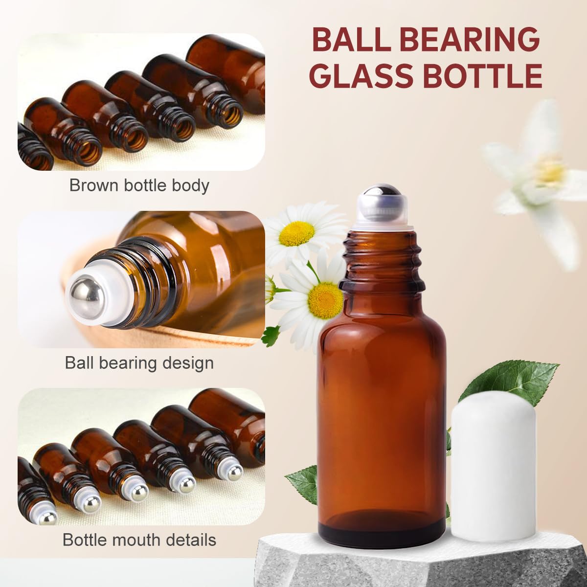 Lot de 3 flacons roulants vides en verre ambré de 20 ml avec billes en acier inoxydable rechargeables pour huiles essentielles, parfum, baumes à lèvres