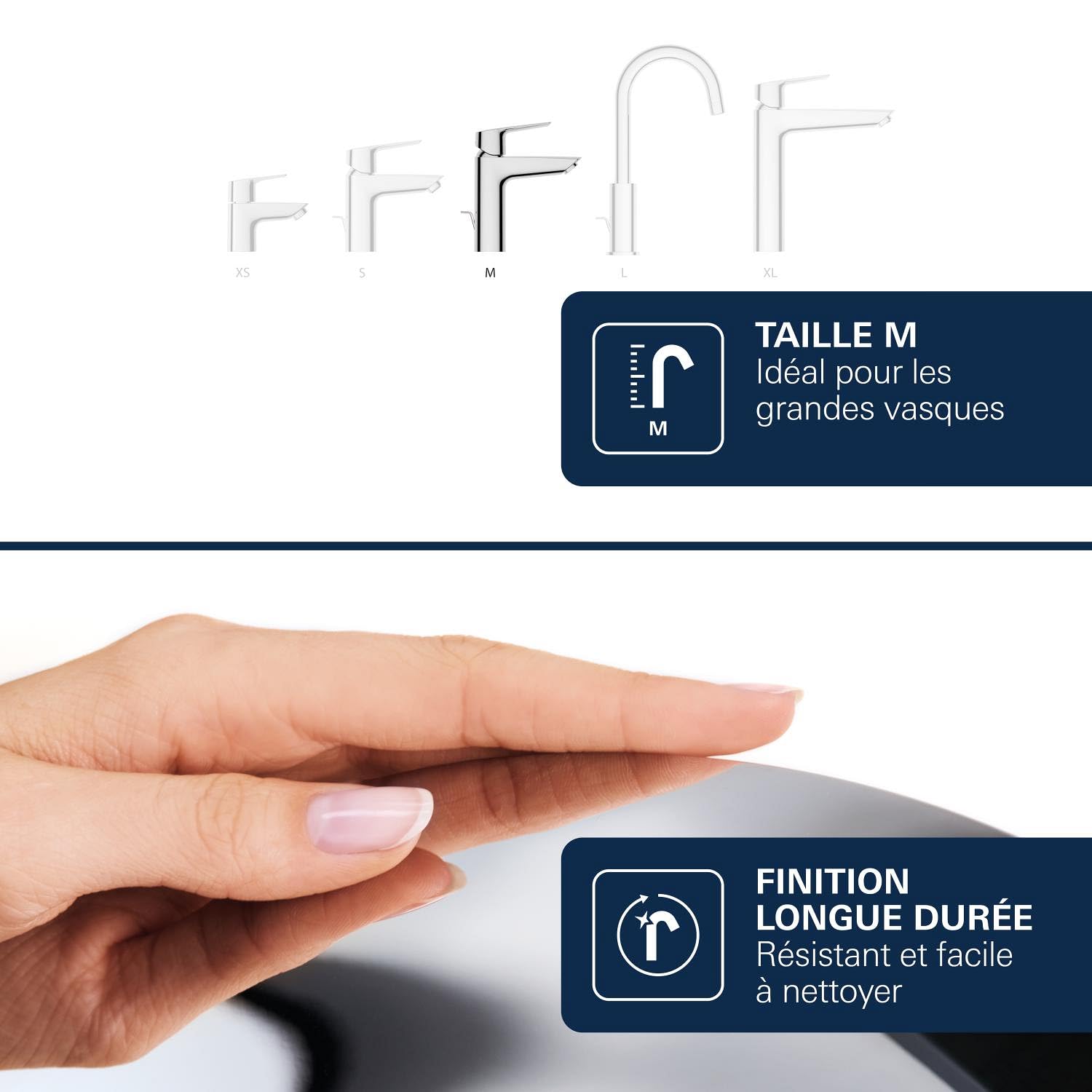 GROHE Dice Mitigeur monocommande Lavabo Taille M (Robinet pour Lavabo de Salle de bain, Avec bonde clic clac, facile à installer avec QuickTool inclus), Chrome, 1018360000