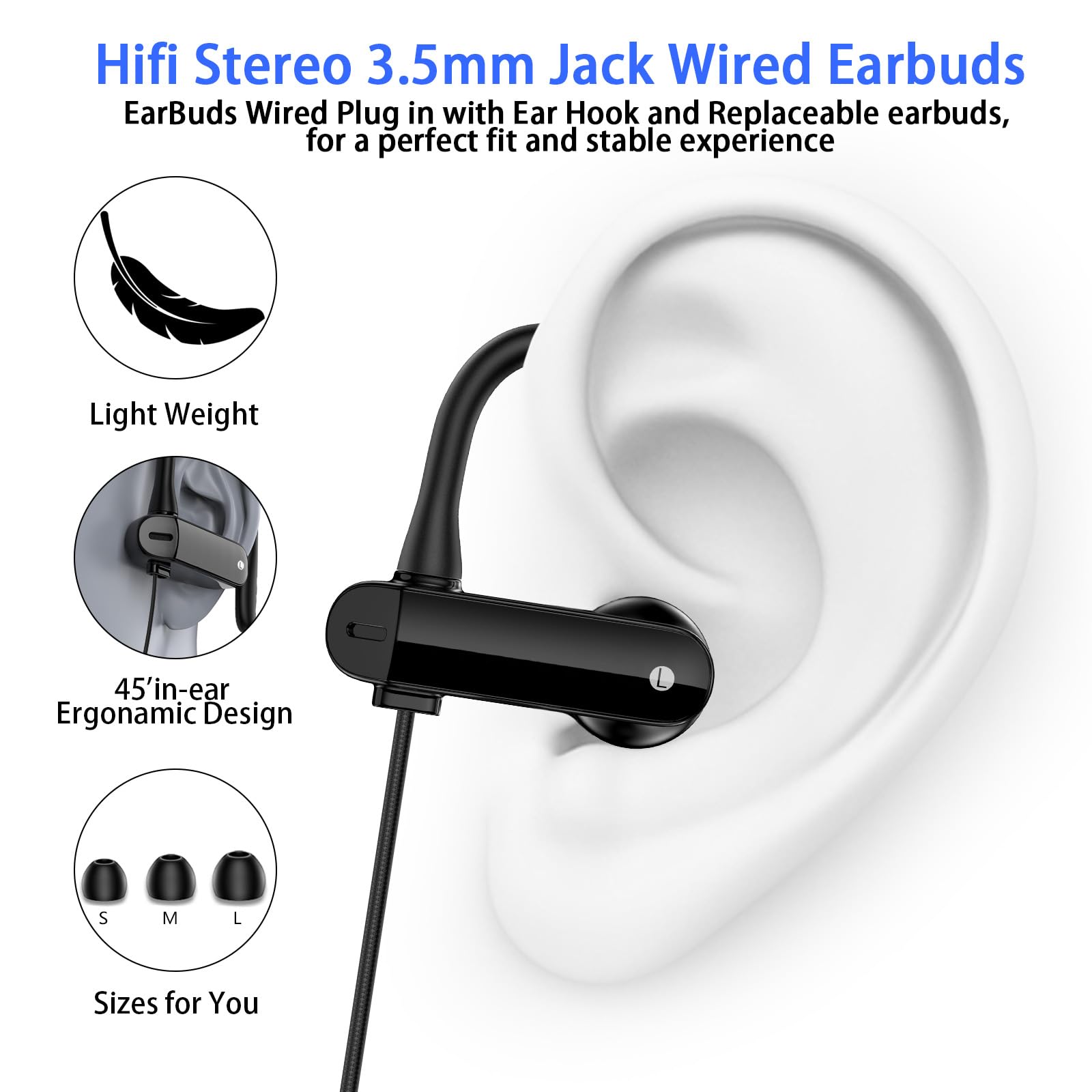 Auriculares con cable con gancho para la oreja para micrófono, auriculares deportivos de 3,5 mm de largo, 1,8 m de largo, con cable para iPad, iPod, teléfonos móviles, portátiles, auriculares