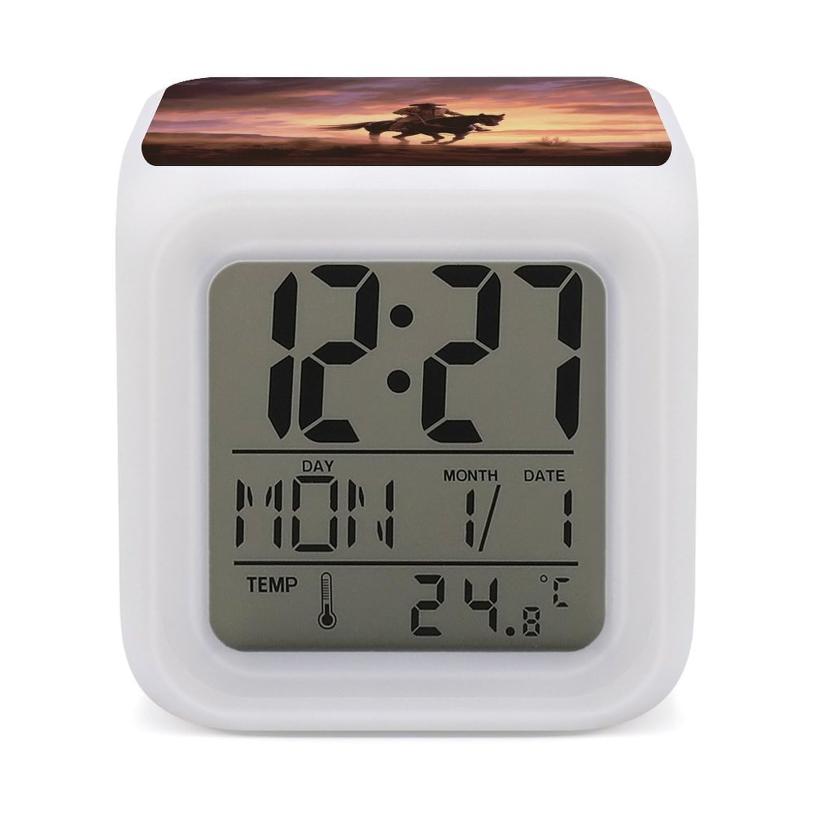 FekiLoot Cowboy West Alarm Clock with 7 Color Changing Night Light,Battery Operated Digital Clocks with Temperature Display Tiny Electric Clock LED Sleep Timer for Room Decor