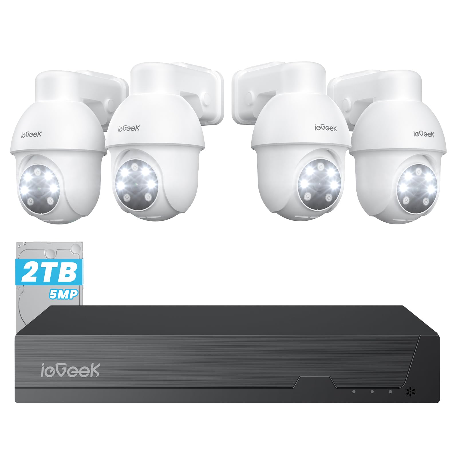 ieGeek 8CH 4K PoE NVR Überwachungskamera Set mit 4 St. 360° PT-Kameras | 2TB HDD NVR, KI-Erkennung, Automatische Verfolgung, 24/7 Aufzeichnung Innen Outdoor, Farbige Nachtsicht, IP65