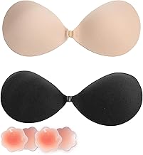 Invisible Bra 2 Piece with 4 Pieces Nipple Pads, Adhesive Push Up Bra, Push Up Nipple Covers, Strapless, Reusable Breathable Paste for