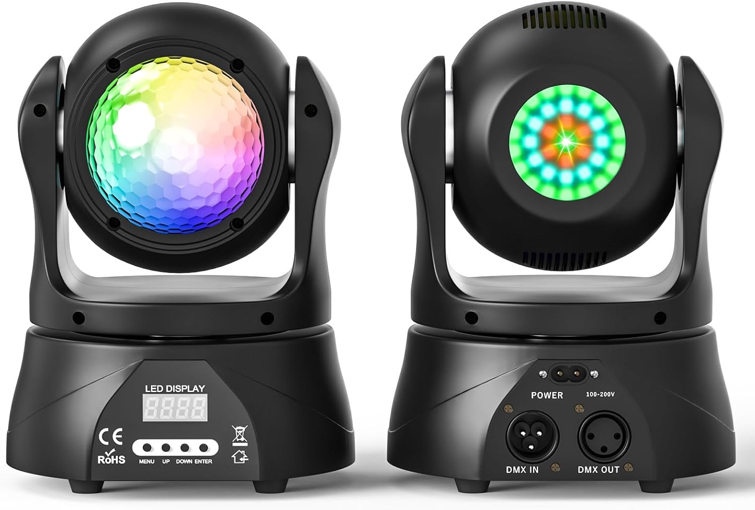 2 Pack Stage Lights Moving Head Dj Lights, 30W Double Sided Disco Ball Parties Laser Light with Kaleidoscope, DMX Light Sound Activated Control Spotlights for Club Wedding Church Live Show Bar