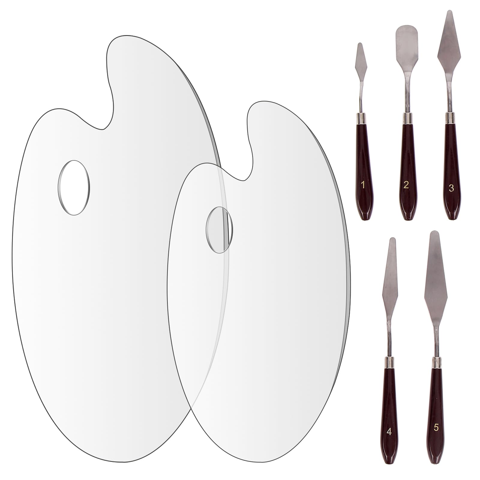 COGVOHY 2Pcs Acrylic Paint Palettes + 5Pcs Painting Knifel Set, Clear Premium Acrylic Paint Palette, Palette Knife, Stainless Steel Spatula, Painting Mixing Scraper, Oil Painting Accessories
