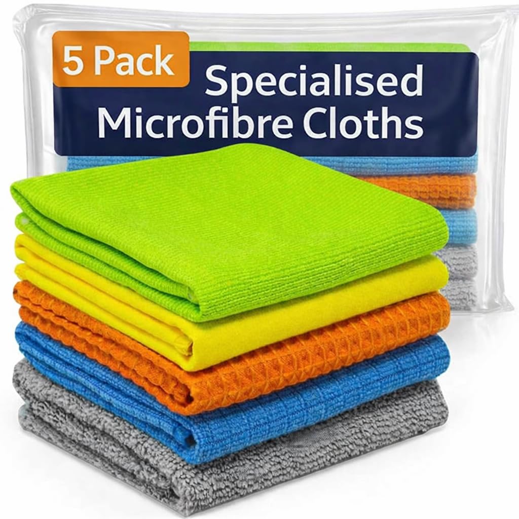 Towelogy Multicolour Microfiber Cloths Pack Of 5 Multipack – Window & Glass Cleaning Cloth, Lint Free, Reusable, Washable Microfibre Cleaning Cloths For Home, Kitchen & Bathroom 30X30cm (5)