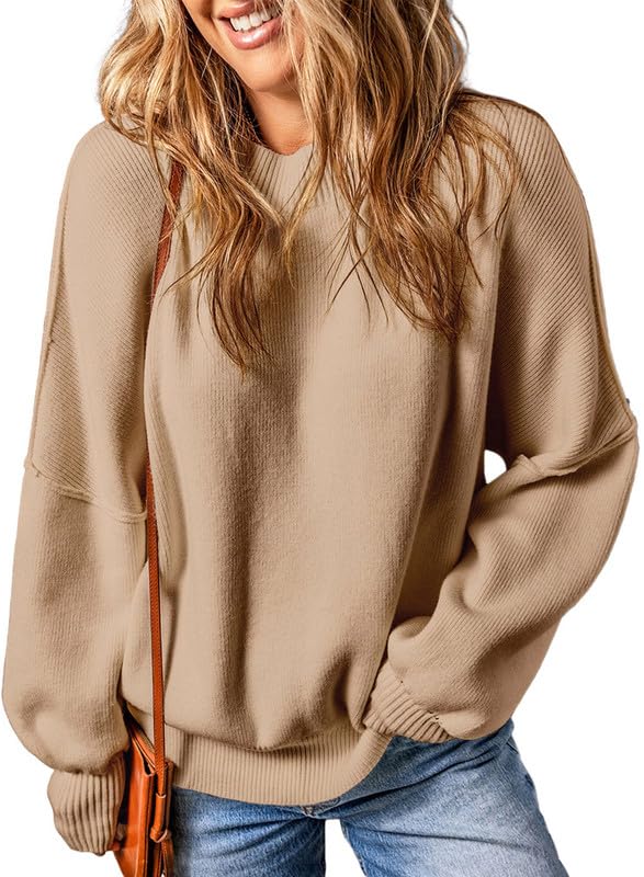 EVALESS Sweaters for Women Fashion 2024 Crewneck Batwing Sleeve Oversized Side Slit Ribbed Knit Pullover Sweater Tops