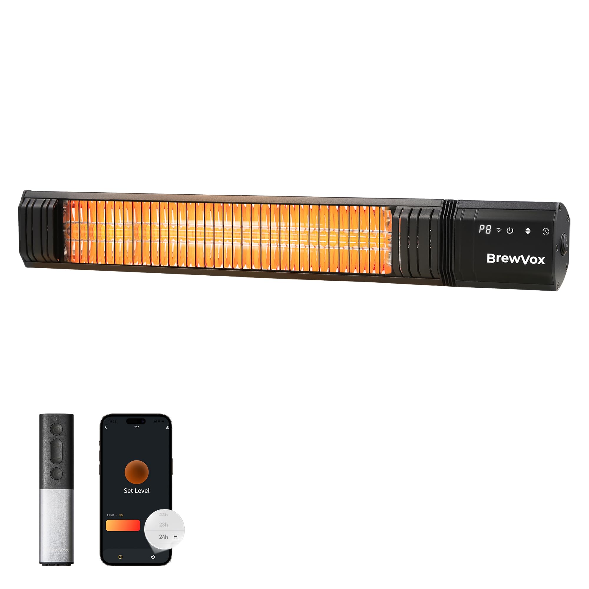 1500W Carbon Infrared Electric Outdoor Patio Heater, 9 Level Instant Warmth, Smart App-Controlled Remote On/Off, IP65 Weatherproof, 24H Timer for Living Room, Bedroom, Garage