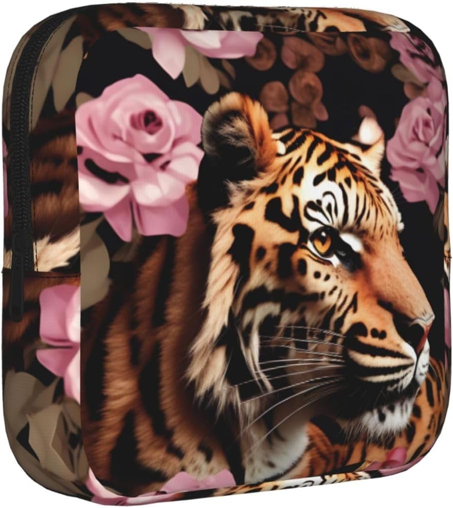 Animal Tiger Leopard Print Rose Flower Print Women Period Bag Sanitary Pouch Portable Pad Pouch Tampon Holder Small Zipper Pouch Storage Bag