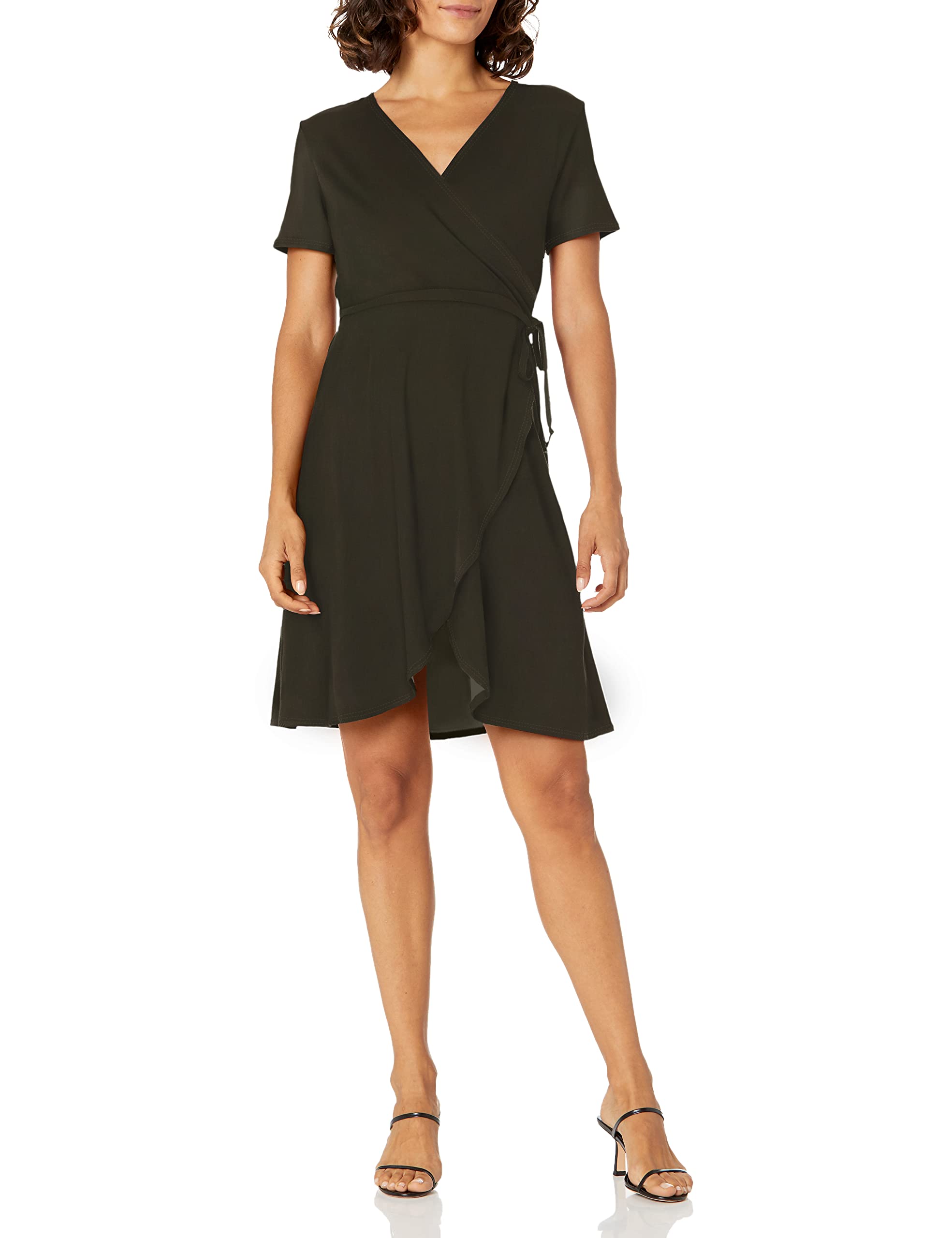 Star Vixen Women's Olive Petite Short Sleeve Ballerina Wrap Dress, Small Petite