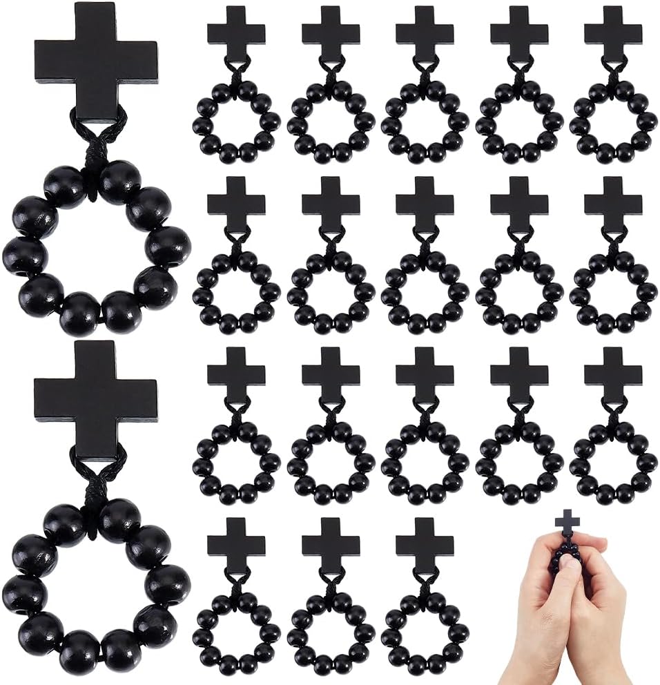 NBEADS 25 Pcs Wood Finger Rosary Set, Wooden Pocket Rosary Ring with Pendant Mini Rosaries in Bulk with Polyester Cord