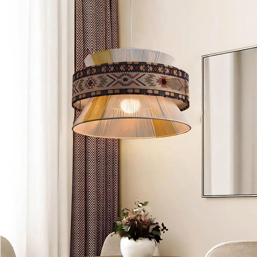 Bohemian Cotton Rope Woven Chandelier 13.77" Hand Pendant Lights Weaving Lampshade with Classic Tropical Pattern Elements for Living Room, Dining