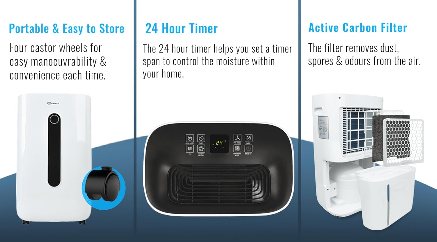 PureMate PM420 Dehumidifier showing castor wheel installation