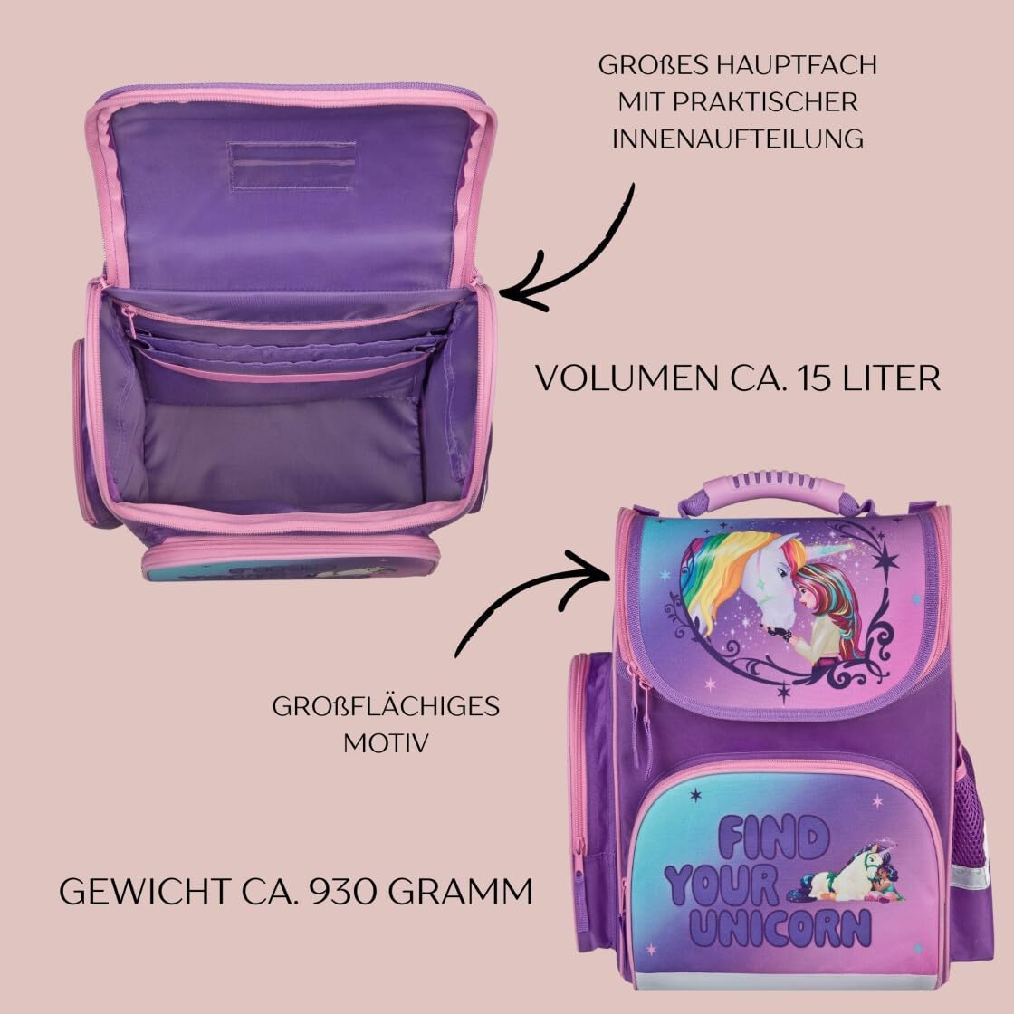 Undercover Juego de mochila escolar de 1ª clase, contenido personalizado con nombre, mochila escolar para niños y niñas, escuela primaria, unicornio de la Academia Unicorn