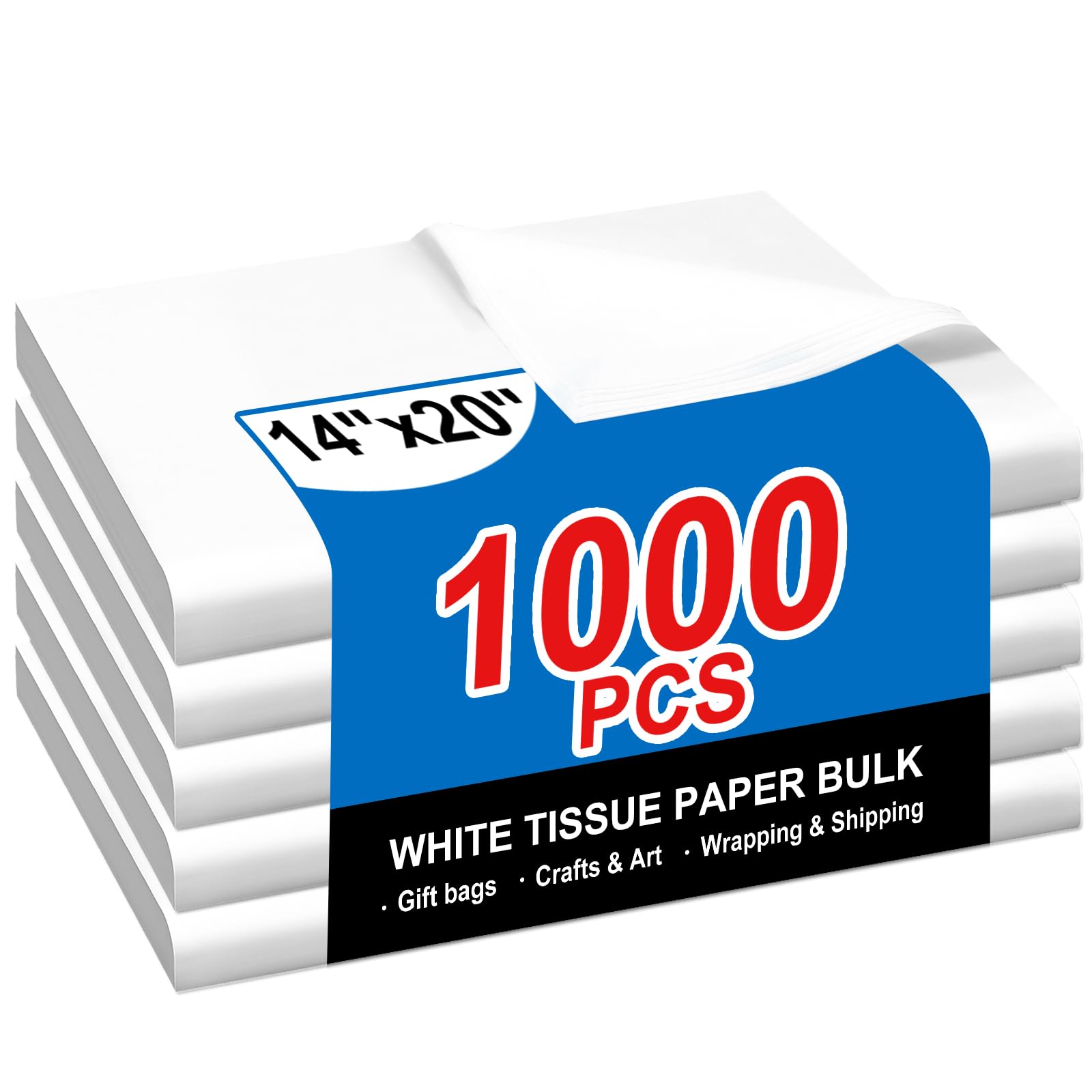 1000 Sheets White Tissue Paper, 14" X 20" Tissue Papers Bulk for Christmas Wedding Birthday Showers Valentine's Day Flower Decoration, Tissue Paper for Gift Bags, Crafts, Packaging, Storage, Art