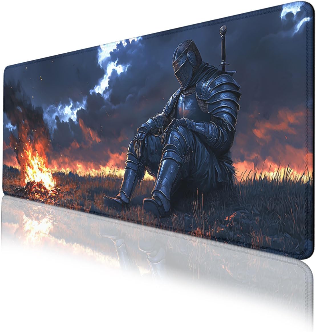 Medieval Knight Gaming Mouse Pad Dark Fantasy Magic Campfire Large Desk Mat Extended Large Laptop Keyboard Non-Slip Rubber Base with Stitched Edges for Home 31.5 x 11.8 Desk Home Office Gaming