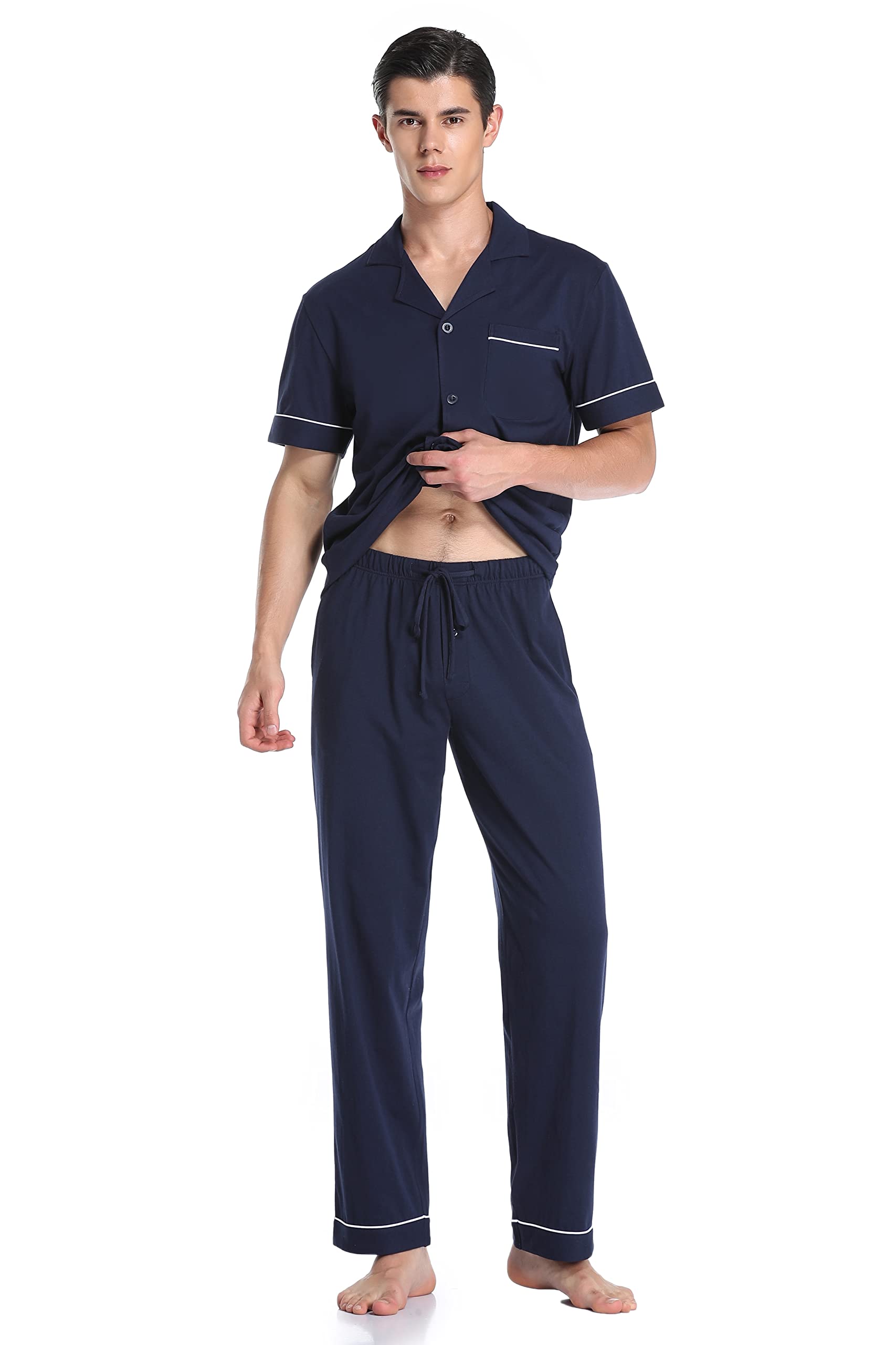 Dresmannst COLORFULLEAF Herren Schlafanzug-Set aus 100% Baumwolle mit Knopfleiste und kurzen Ärmeln und Langen Hosen, A-Navy blau