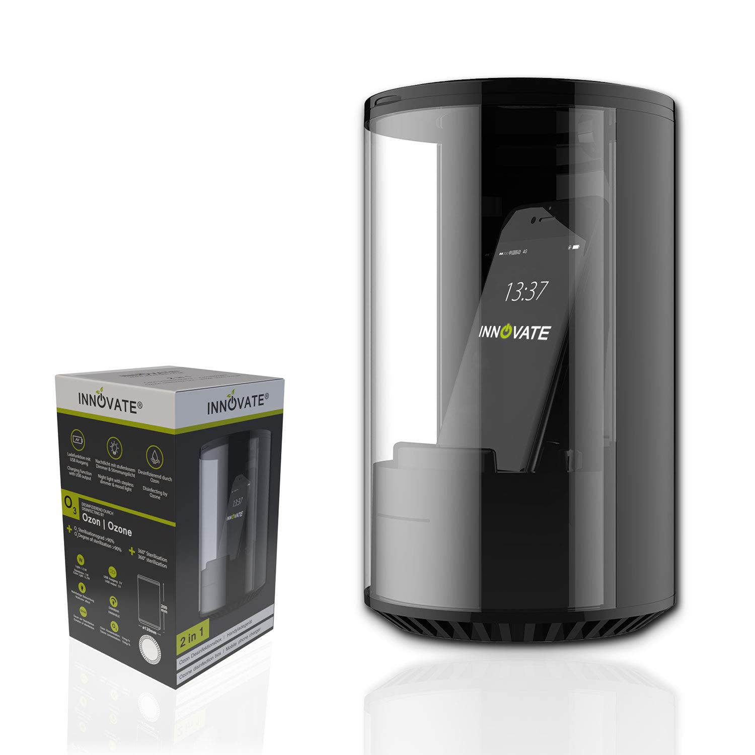 INNOVATE - Boîte de désinfection ozone, stérilisateur, désinfectant pour téléphone portable, clés, smartphone, bijoux, lunettes, etc., éclairage LED, câble USB, port USB