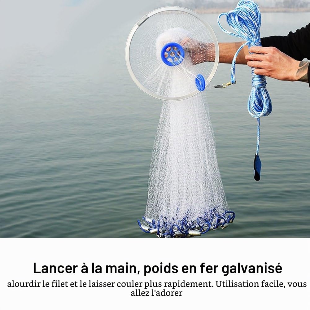 Dioche Filet de Pêche Coulé à La Main en Nylon 2.4m, Lest en Fer Galvanisé Filet de Coulée à La Main de Style Américain, Filet de Pêche en Eau de Mer pour Pièges à Poissons Lourds