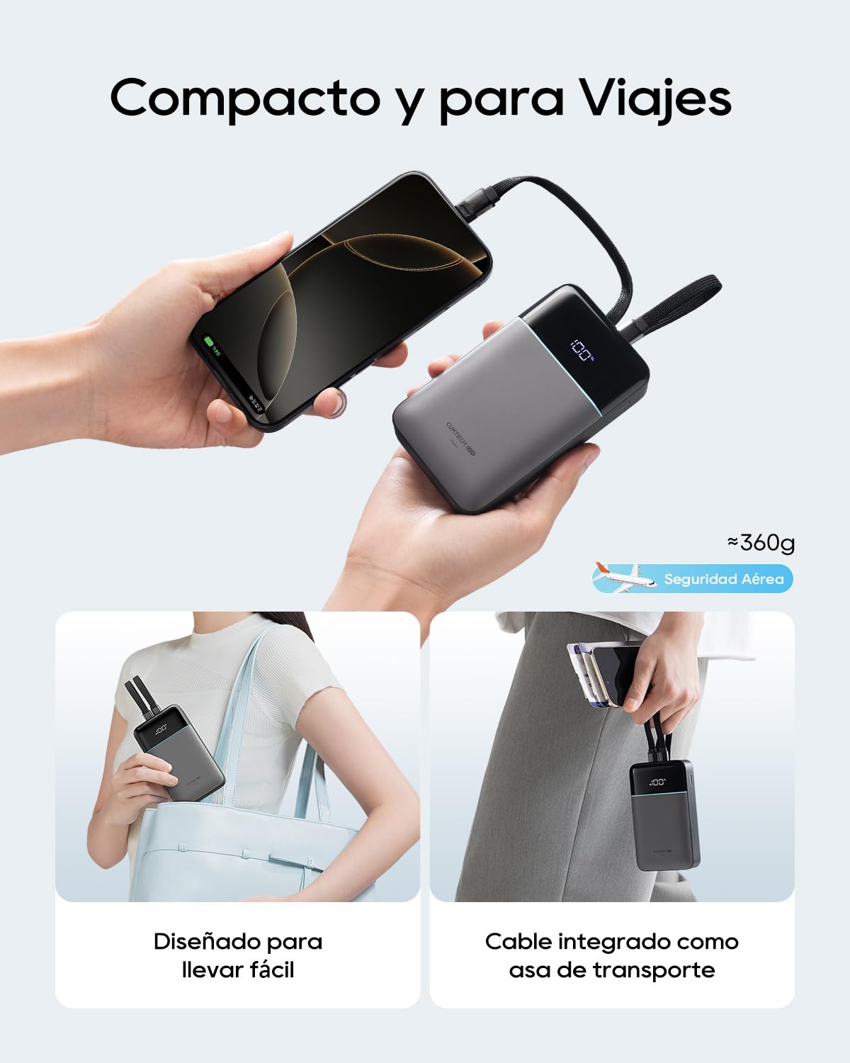 CUKTECH Power Bank 20000mAh Batería Externa con Cables USB-C y Lightning MFi Integrados,Cargador Portátil con Carga Rápida 40W,con 4 Puertos para iPhone 17/16/15/14/13/12 Pro Max，iPad，Samsung Galaxy