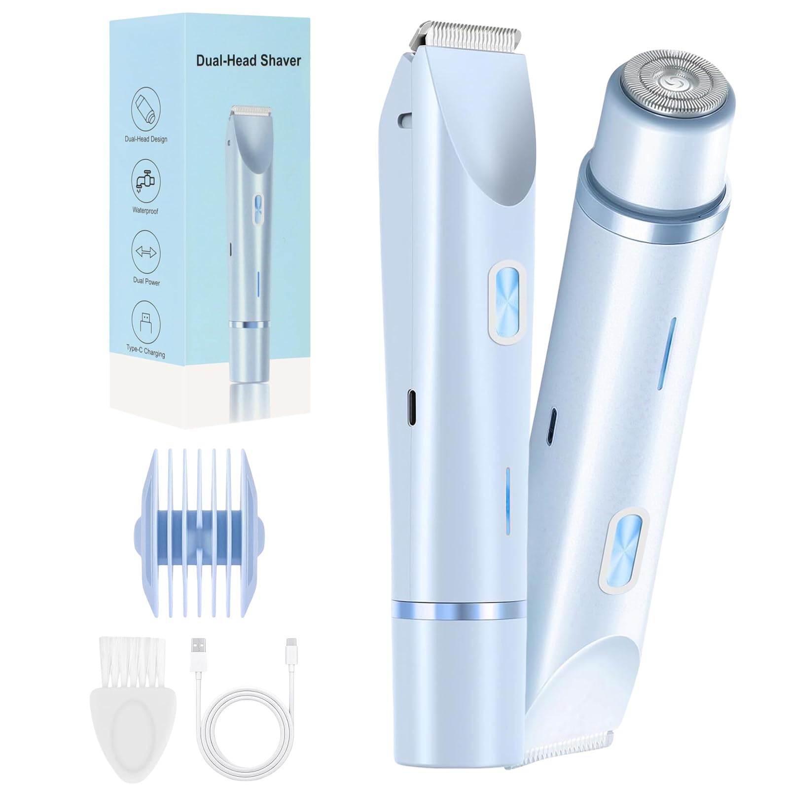 Elektrischer 2-in-1-Haarschneider für Damen mit zwei Köpfen, wasserdichter, wiederaufladbarer Körperrasierer für Bikinizone, Intimbereich, Beine und Achselhöhlen(Blau)