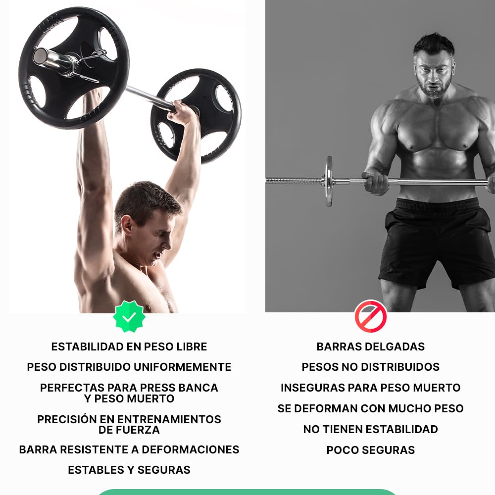 ManiBoom Barra Pesas RECTA 120 cm de 8,5kg para Discos y Pesas de Ø50mm - Barra de MUSCULACION para Biceps y Triceps Halterofilia Crossfit - Barra Gimnasio con Cierres de Resorte (120 cm - Recta)